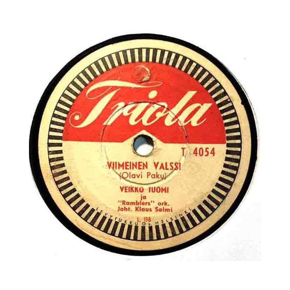 Tuomi Veikko: Viimeinen valssi / Pieni hymysuu  kansi paperikansi/muovitasku levy F savikiekko gramofonilevy
