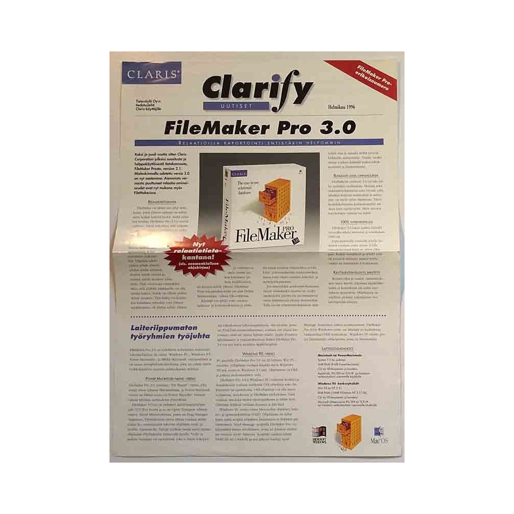 Clarify uutiset 1996 Helmikuu FileMaker Pro 3.0 esite Painotuote