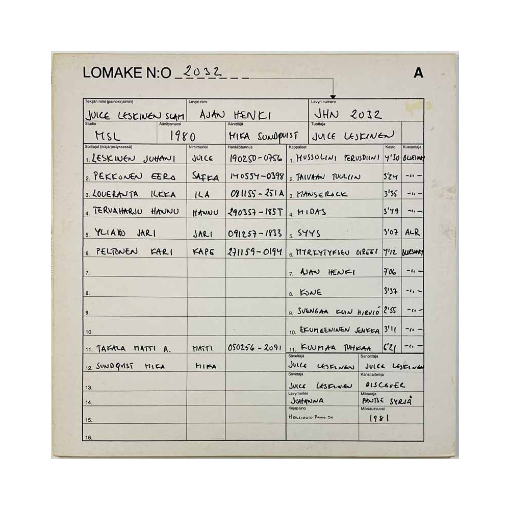 Juice Leskinen Slam 1980 JHN 2032 Ajan henki Begagnat LP