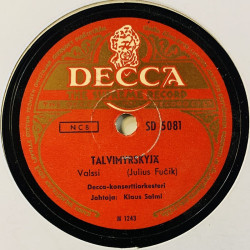 Decca-konserttiorkesteri Gramofonilevy Itävallan kyläpääskyset / Talvimyrskyjä  kansi paperikansi/muovitasku levy VG savikiekko 