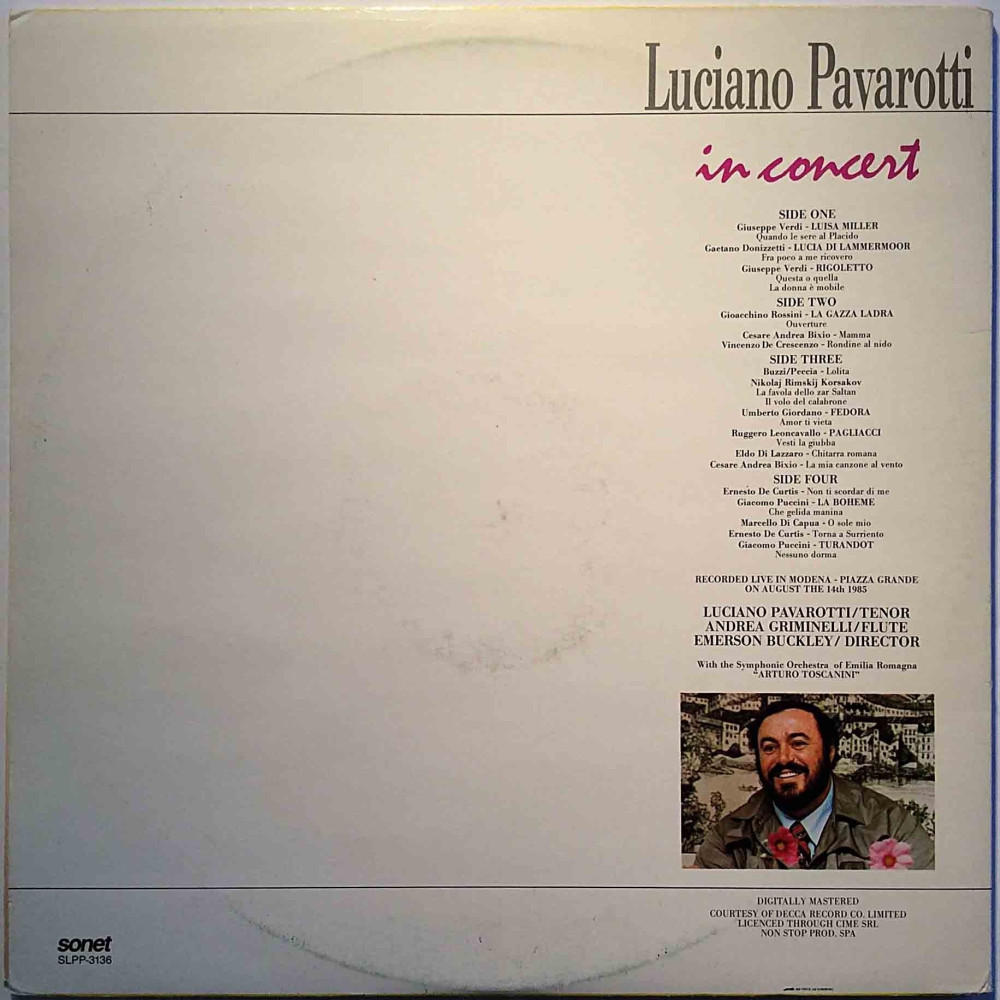 Pavarotti Luciano: In Concert 2LP  kansi VG levy EX Käytetty LP