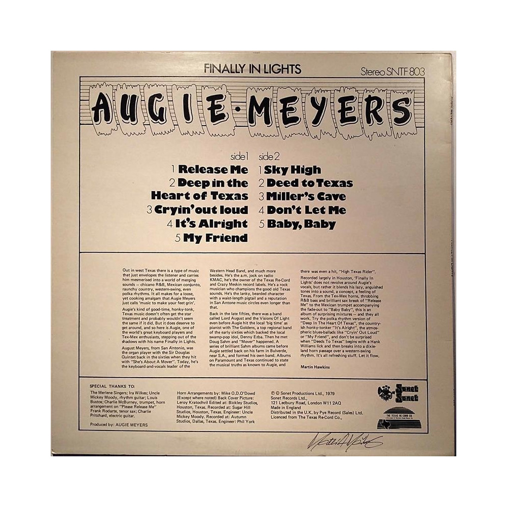 Meyers Augie 1979 SNTF 803 Finally In Lights Second hand LP
