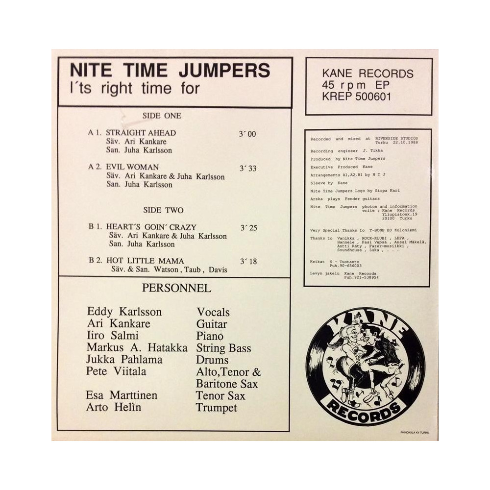 NITE TIME JUMPERS IT’S RIGHT TIME FOR LP-levyt  /  uusi tuote 1988 KANE RECORDS