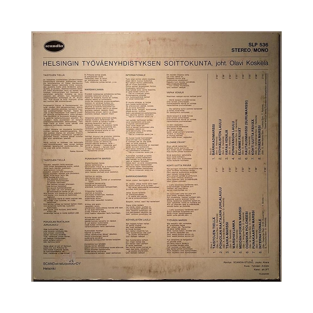 Helsingin Työväenyhdistyksen Soittokunta 1969 SLP 536 Taistojen Tiellä Second hand LP