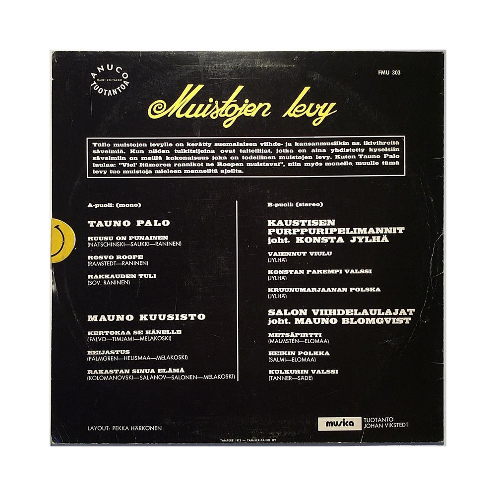 Palo Tauno, Mauno Kuusisto, Konsta Jylhä, Salon Viihdelaulajat 1973 FMU 303 Muistojen levy Second hand LP