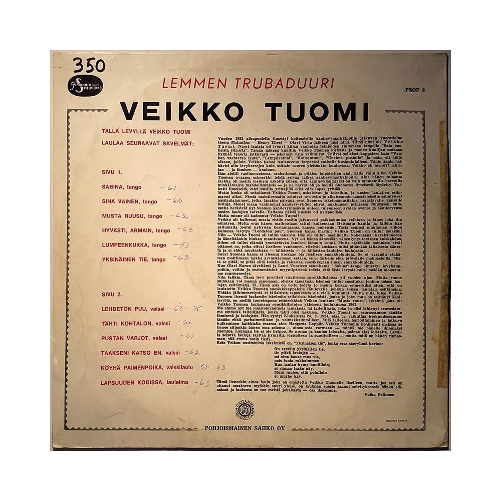 Tuomi Veikko 1971 PSOP 8 Lemmen Trubaduuri Second hand LP