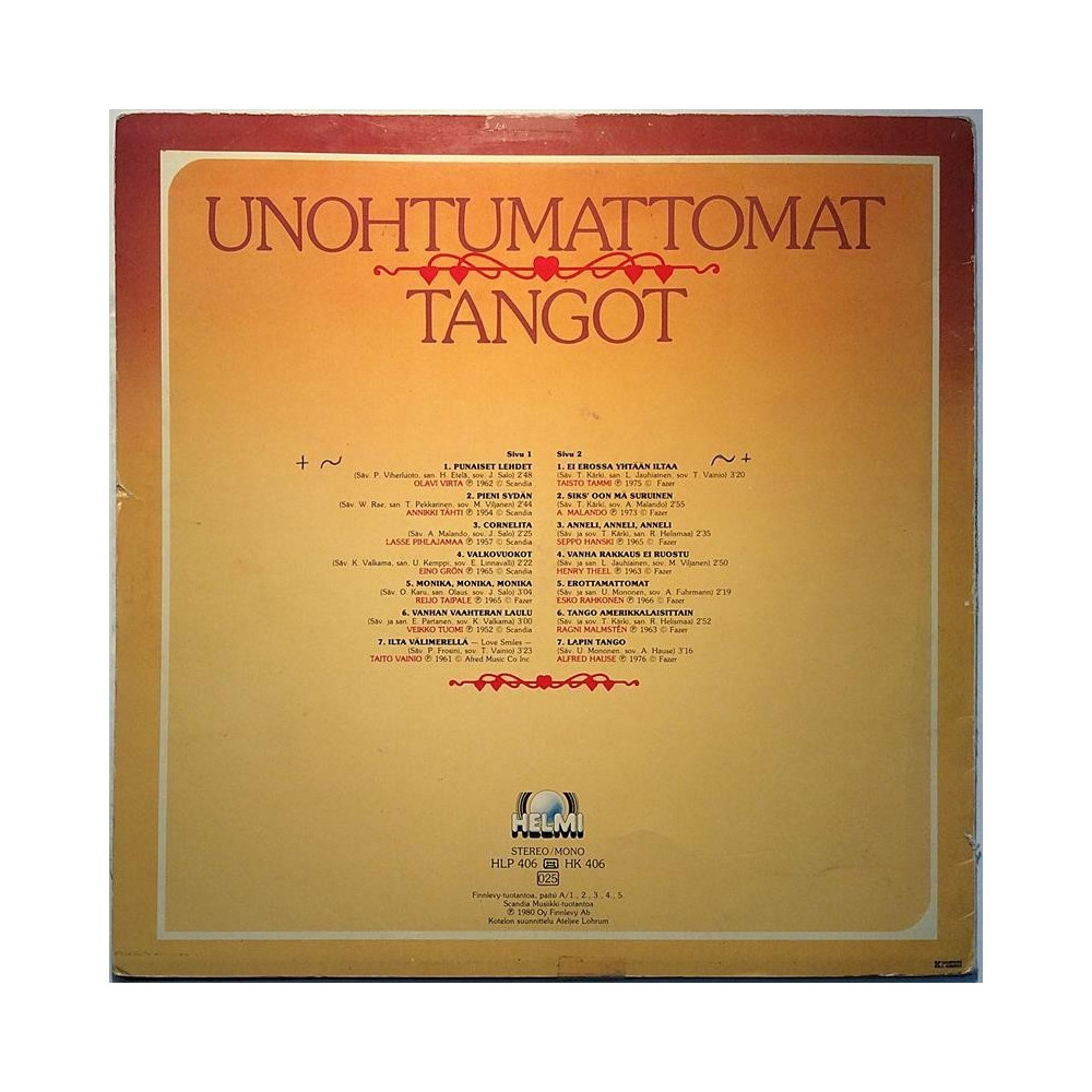 Eri Esittäjiä 1980 HLP 406 Unohtumattomat tangot Begagnat LP