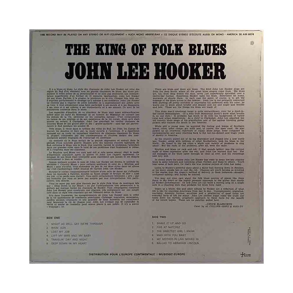 Hooker John Lee 1962 30 AM 6074 The King Of Folk Blues Begagnat LP