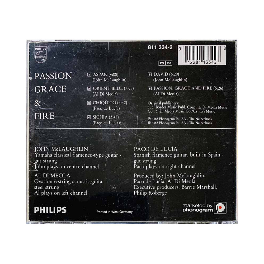 McLaughlin, Di Meola & De Lucia CD Passion, Grace & Fire  kansi EX- levy EX- Käytetty CD