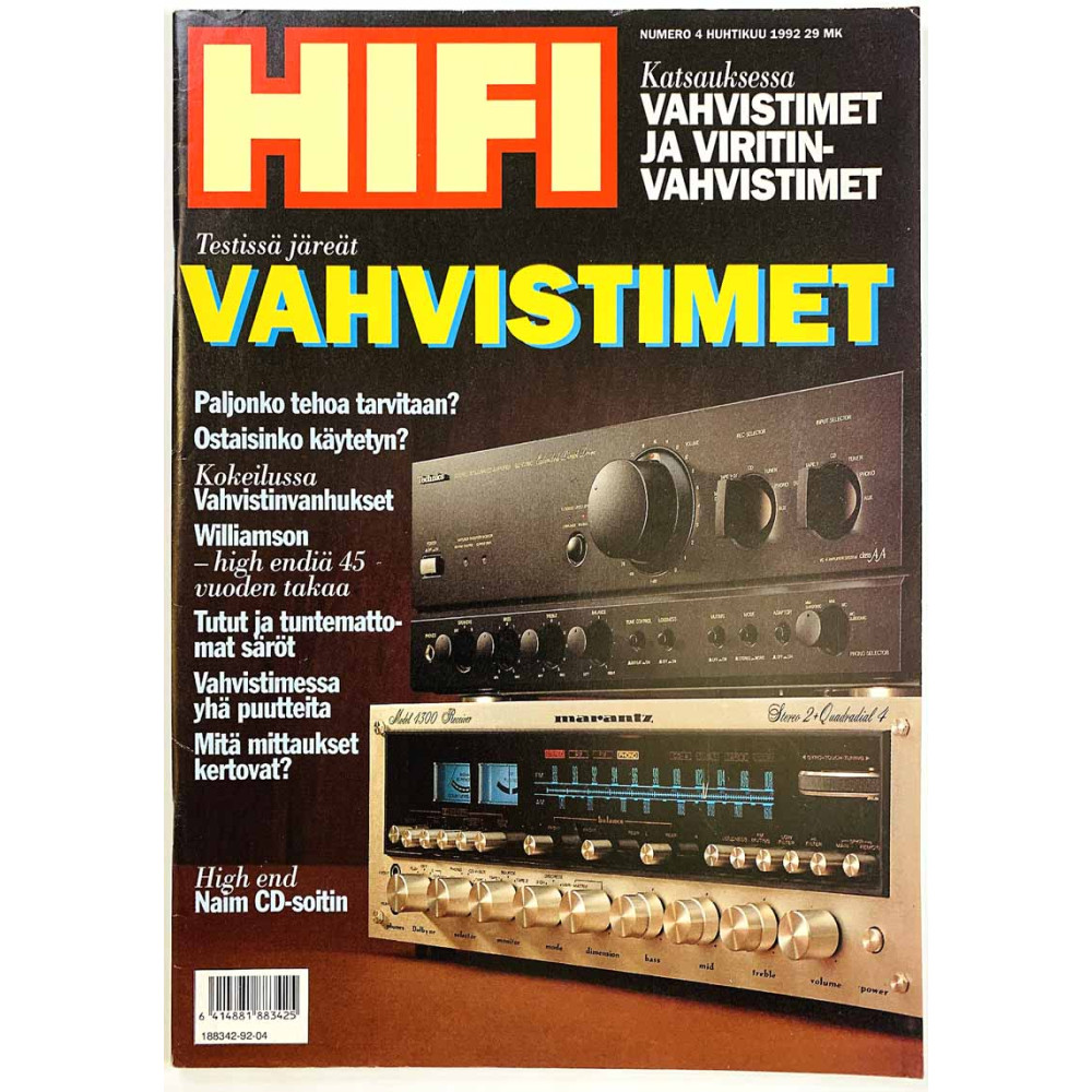 Hifi-lehti 1992 4 katsauksessa vahvistimet ja viritinvahvistimet aikakauslehti