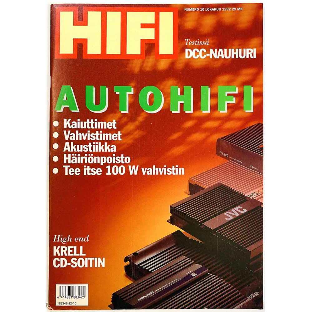 Hifi-lehti 1992 10 Autohifi: kaiuttimet vahvistimet akustiikka aikakauslehti