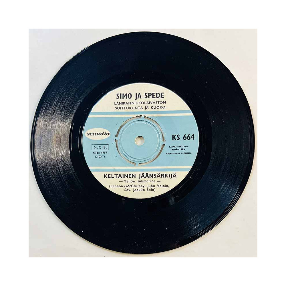 Simo Ja Spede / Simo Salminen Käytetty 7” ei kuvakantta Keltainen jäänsärkijä / Raikulipoika  kansi Ei kuvakantta levy VG+ käyte