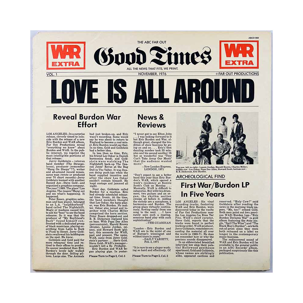 War featuring Eric Burdon LP Love Is All Around  kansi EX levy EX Käytetty LP