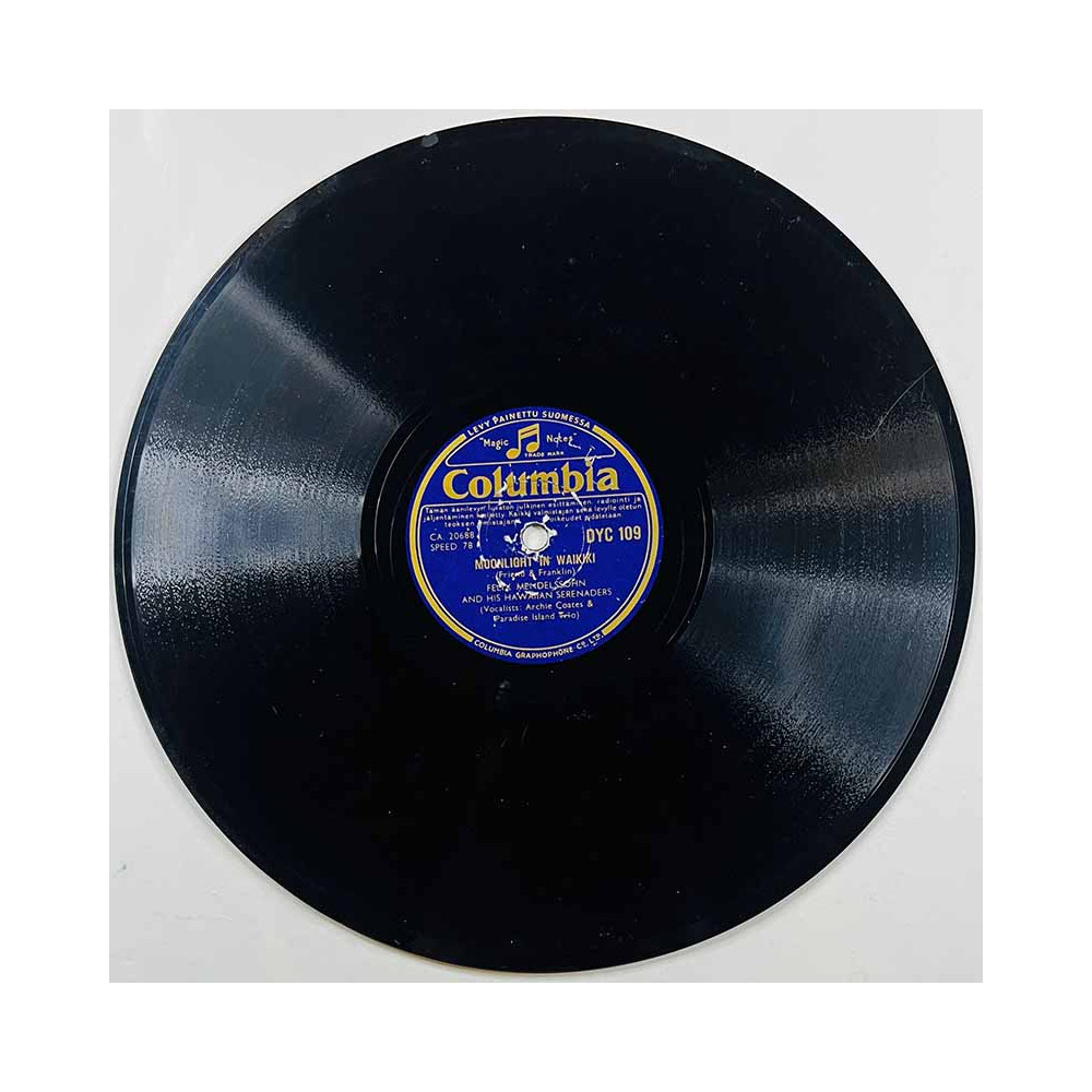 Mendelssohn Felix & Hawaiian Serenaders Käytetty 78-kierros savikiekkolevy Moonlight in Waikiki / Tiger shark  kansi paperikansi