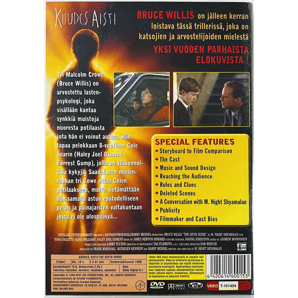 DVD - Elokuva DVD Kuudes aisti - Sixth Sense  kansi EX levy EX Käytetty DVD