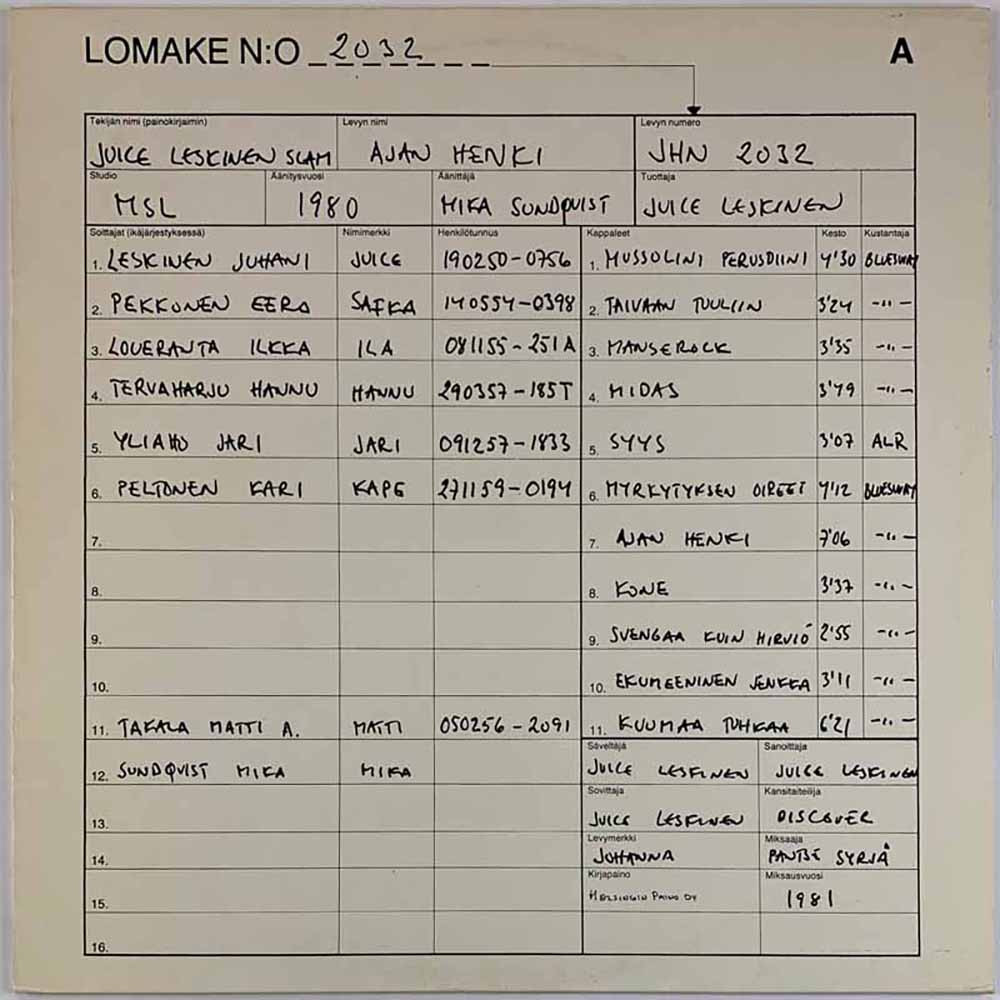 Juice Leskinen Slam 1980 JHN 2032 Ajan henki Begagnat LP