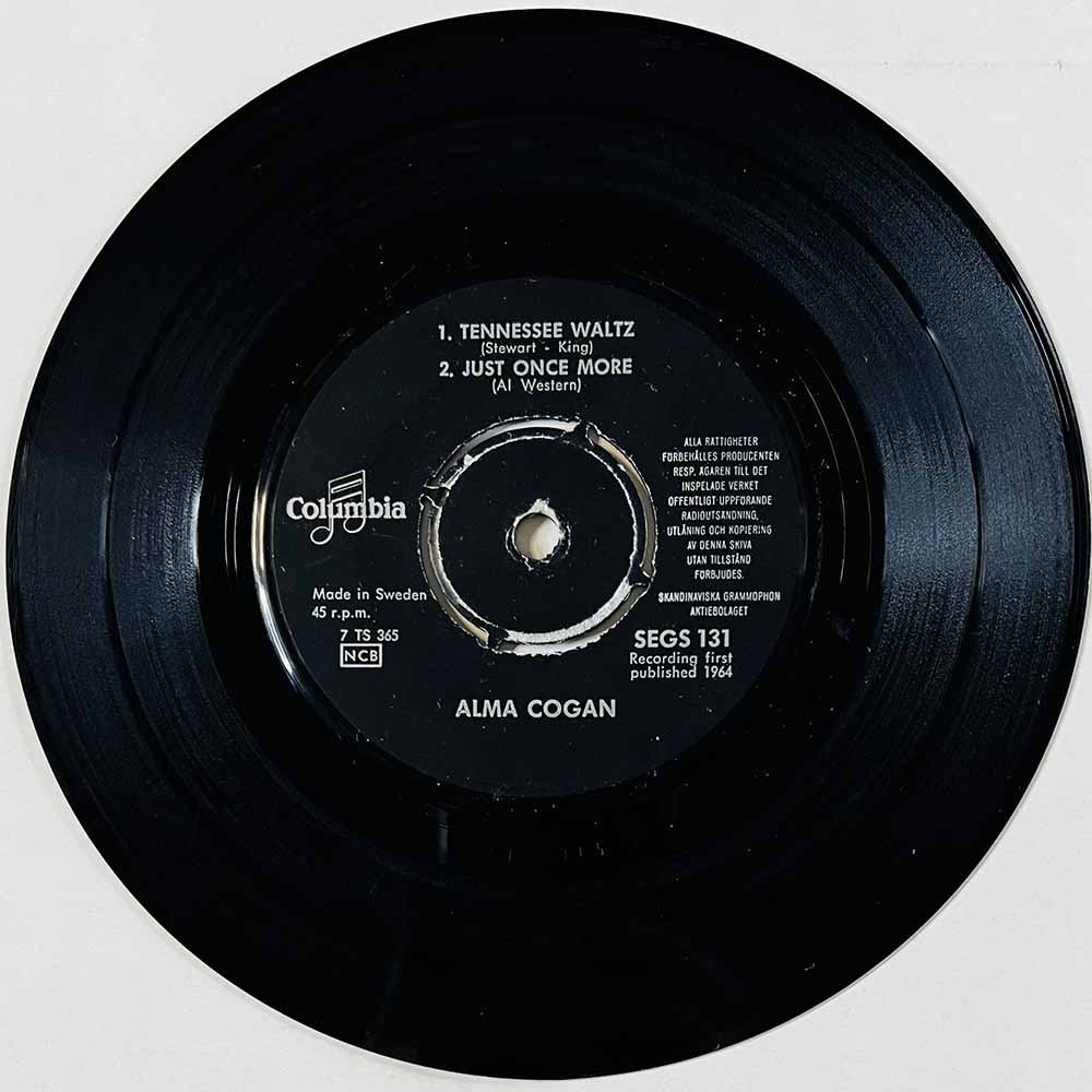Cogan Alma Käytetty 7” ei kuvakantta Tennessee Waltz  kansi Ei kuvakantta levy VG käytetty vinyylisingle