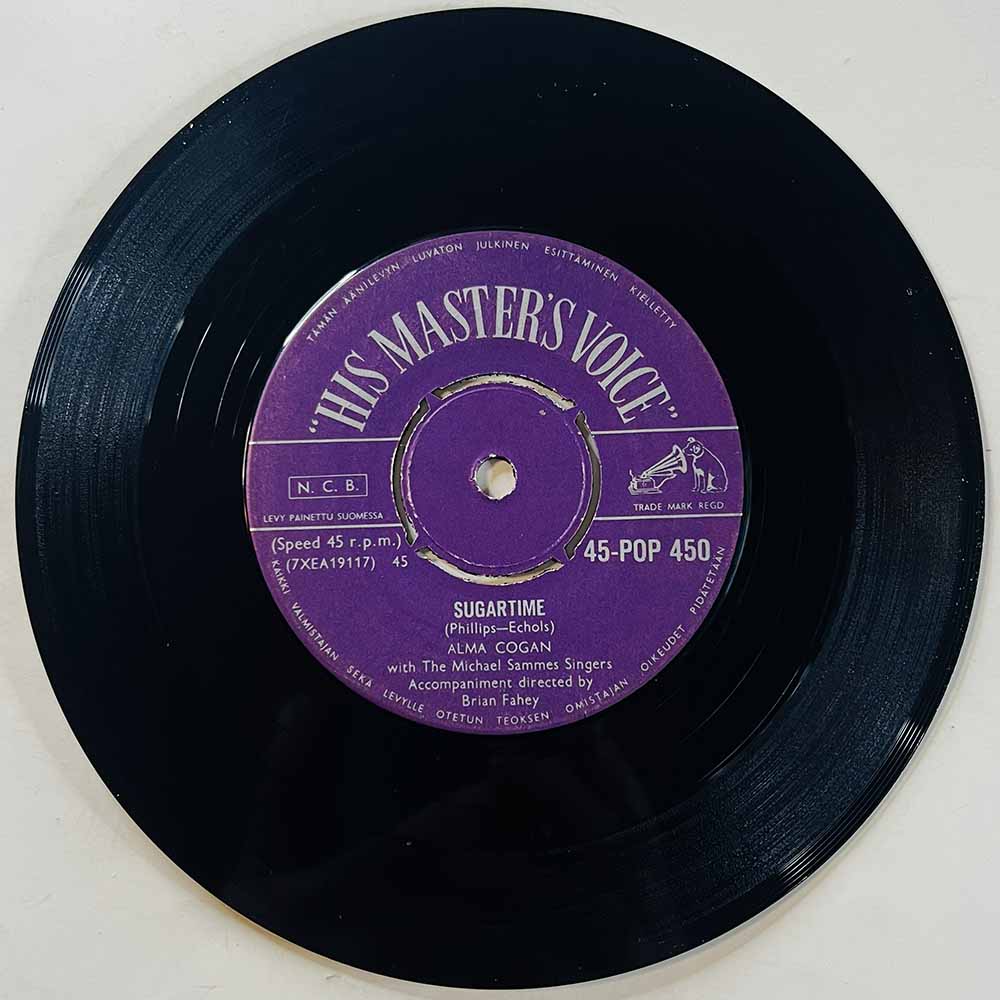 Cogan Alma Käytetty 7” ei kuvakantta Sugartime / Gettin` Ready For Freddy  kansi Ei kuvakantta levy G+ käytetty vinyylisingle