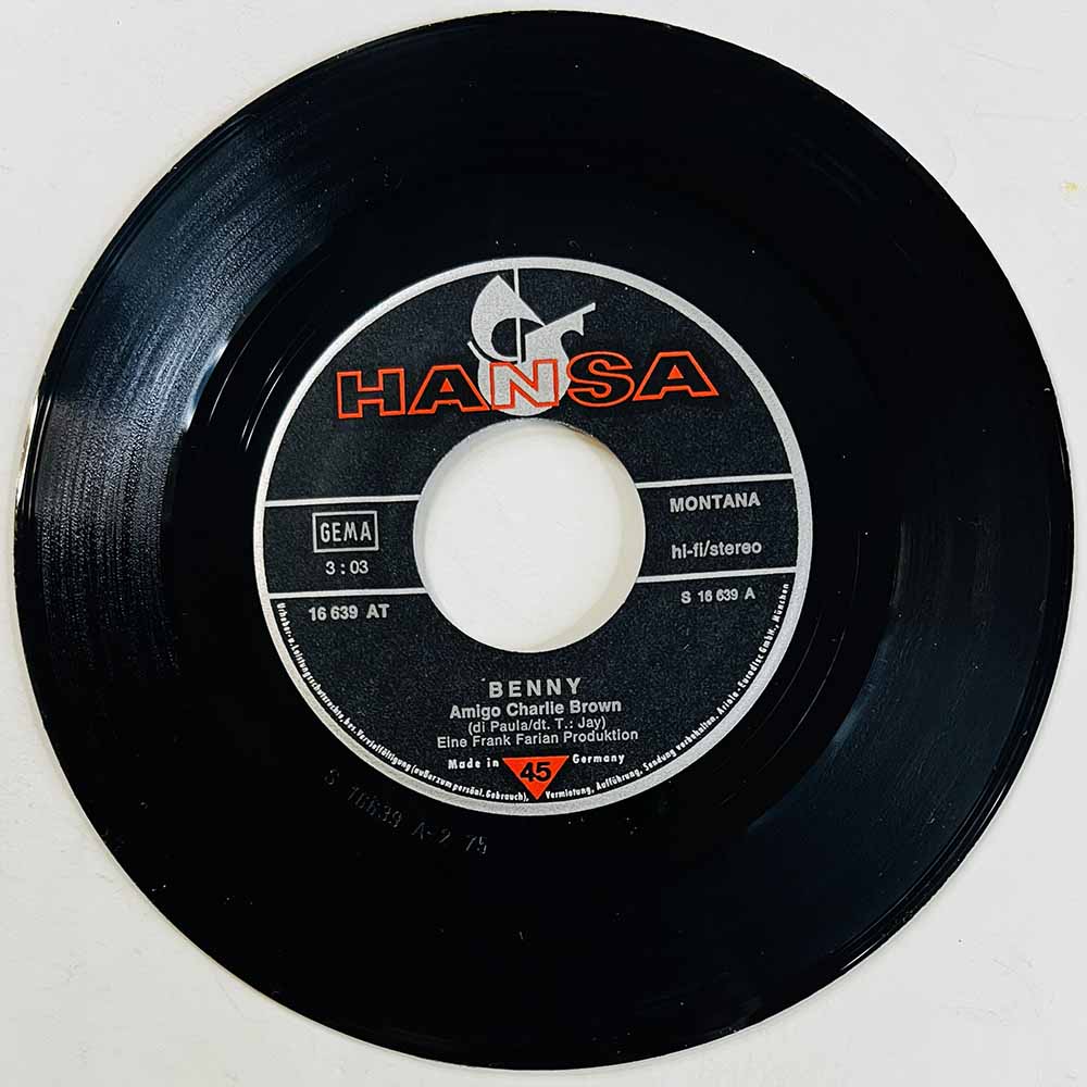 Benny Käytetty 7” ei kuvakantta Amigo Charly Brown / Wir sind nicht mehr zu jung  kansi Ei kuvakantta levy VG+ käytetty vinyylis