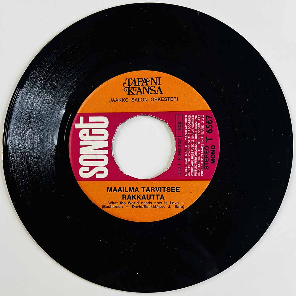 Kansa Tapani Käytetty 7” ei kuvakantta Maailma tarvitsee rakkautta / Rakkaus kukkii  kansi Ei kuvakantta levy EX- käytetty vinyy