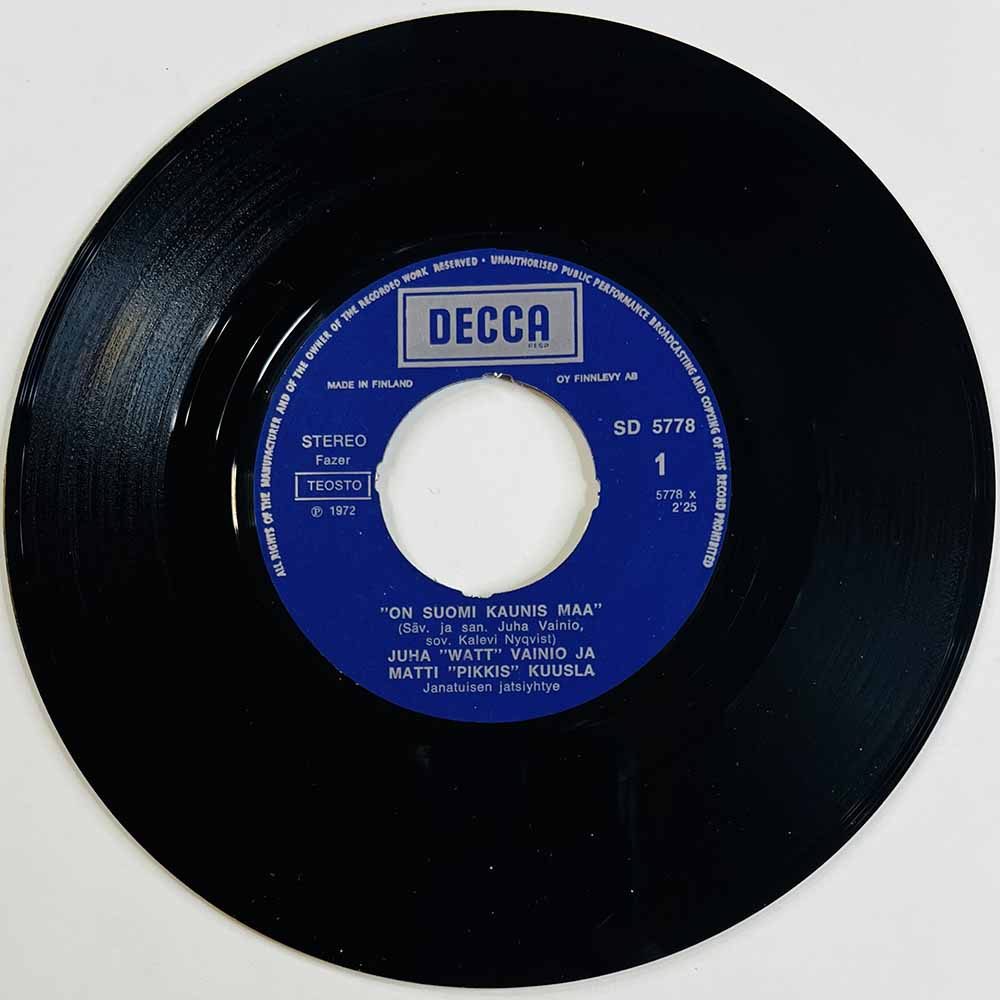 Juha "Watt" Vainio Käytetty 7” ei kuvakantta On Suomi kaunis maa / Mummu, musiikki ja muki  kansi Ei kuvakantta levy EX käytetty