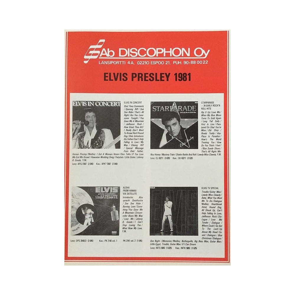 Elvis Presley 1981 levyluettelo: Ab Discophon Oy mainosesite  kansi EX sisäsivut EX Käytetty kirja