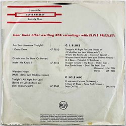 Elvis Presley vinyylisingle Surrender (Torna a Surriento) / Lonely man  kansi VG levy EX- käytetty vinyylisingle PS