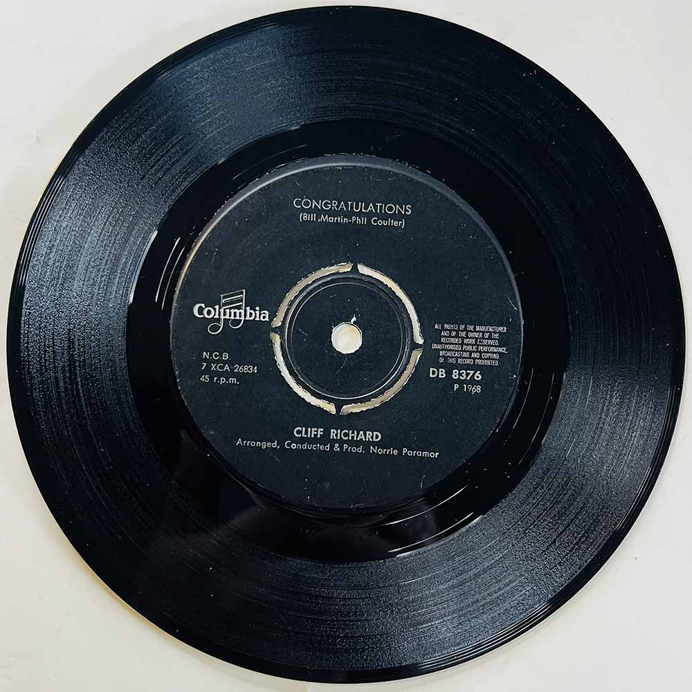 Richard Cliff Käytetty 7” ei kuvakantta Congratulations  kansi Ei kuvakantta levy VG käytetty vinyylisingle