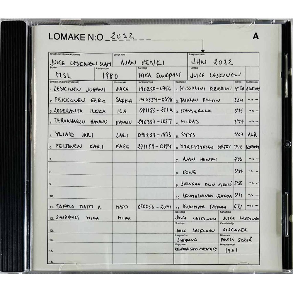 Juice Leskinen Slam Käytetty CD Ajan henki  kansi EX levy EX Käytetty CD