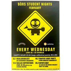 Börs student nights february Käytetty juliste juliste 29cm x 41cm happy hour 22-04 juomia 3.50-4€ Käytetty juliste