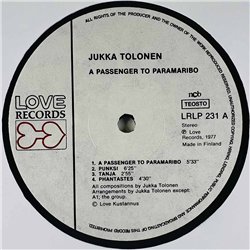 Tolonen Jukka LP A passenger to Paramaribo  kansi EX levy EX Käytetty LP