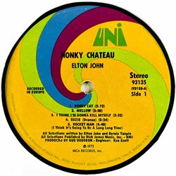 Elton John LP Honky Chateau  kansi VG levy VG Käytetty LP
