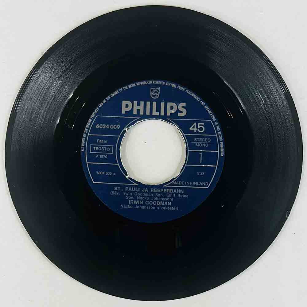 Irwin Goodman Käytetty 7” ei kuvakantta St. Pauli ja Reeperbahn / Rakkain  kansi Ei kuvakantta levy VG vinyylisingle