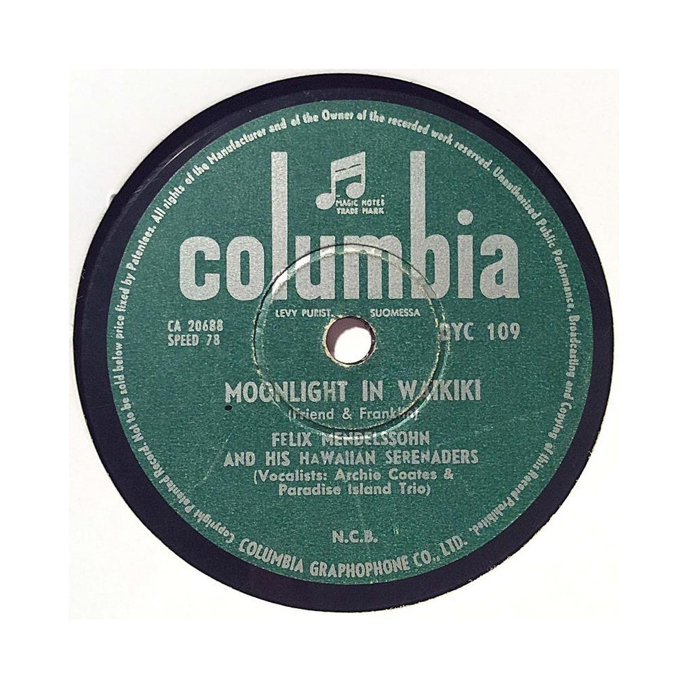 Mendelssohn Felix & Hawaiian Serenaders : Moonlight in Waikiki / Tiger shark - shellac 78 rpm record