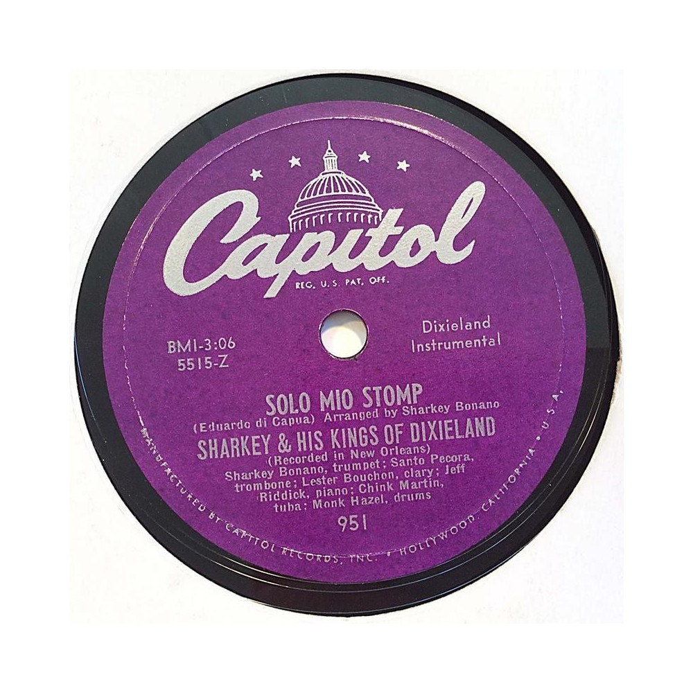 Sharkey & his Kings of Dixieland: Solo mio stomp / In the Mood  kansi paperikansi/muovitasku levy VG+ savikiekko gramofonilevy