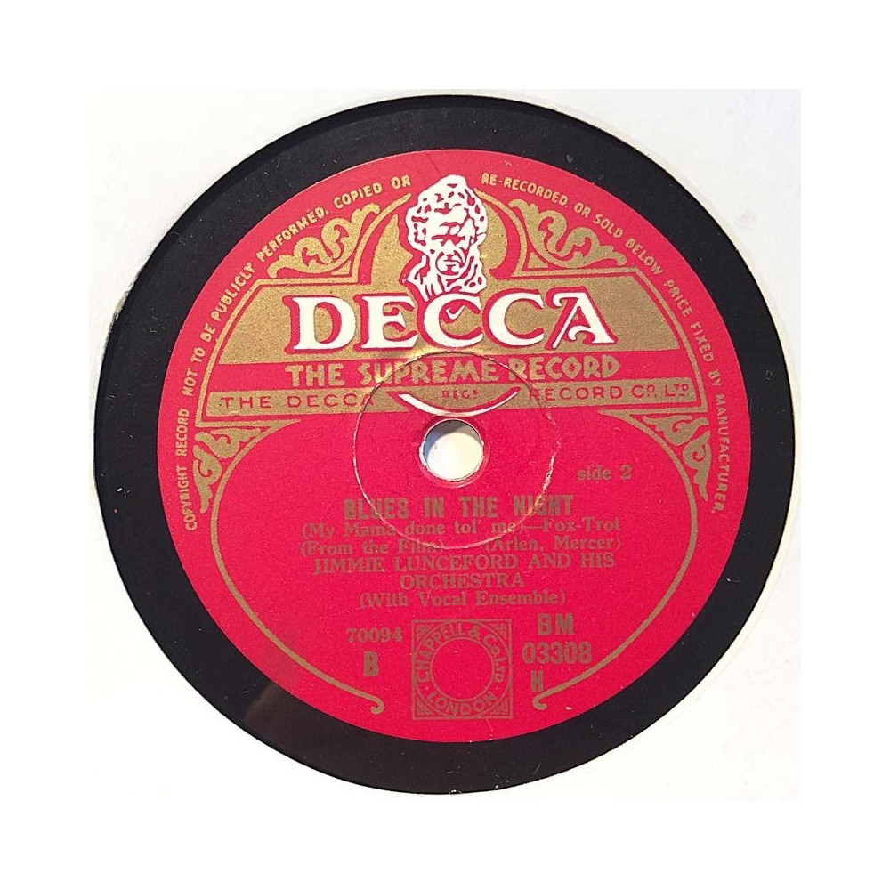 Lunceford Jimmie and his Orchestra : Blues in the night / Blues in the night with vocal - shellac 78 rpm record