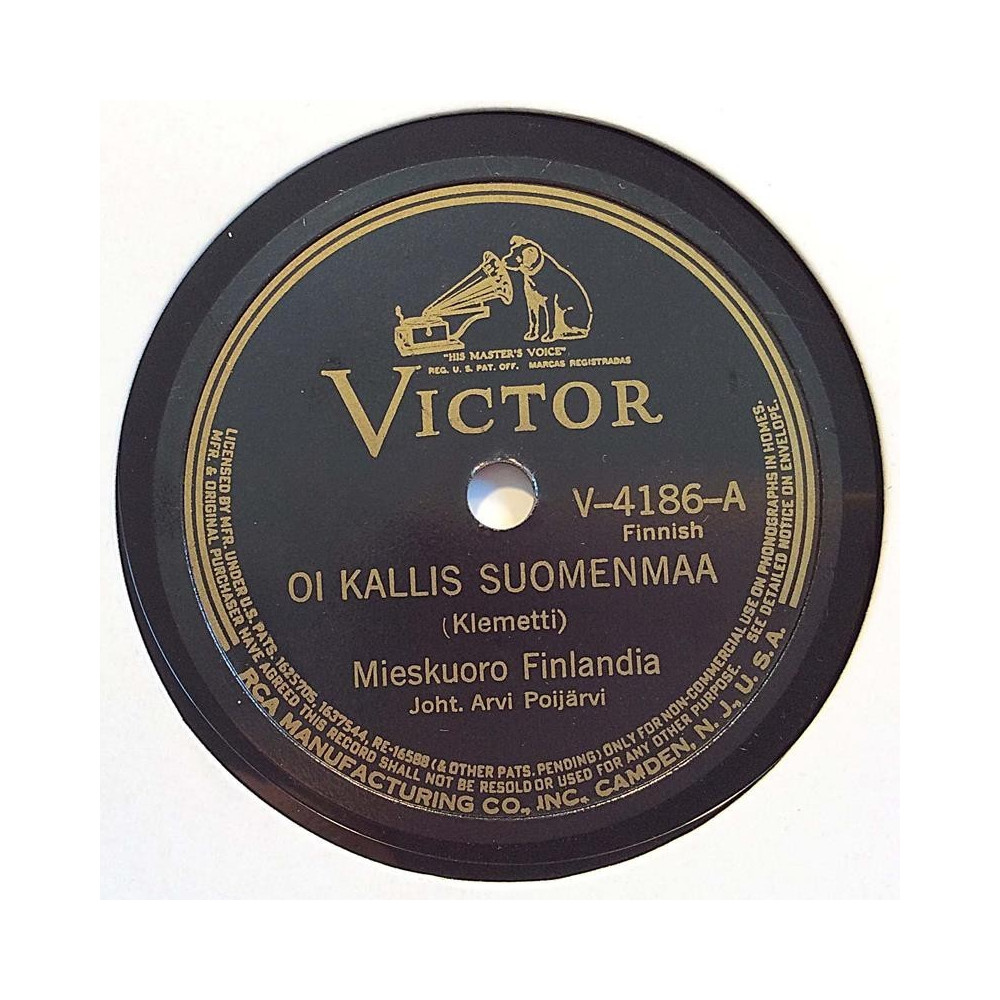 Mieskuoro Finlandia : Oi Kallis Suomenmaa / Paimenen ilo / Sirkka - shellac 78 rpm record