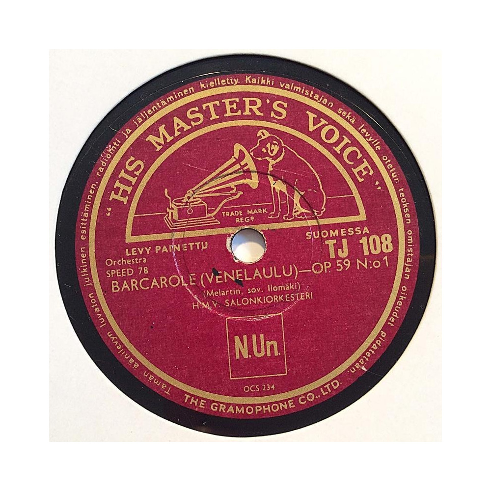 HMV Salonkiorkesteri : Barcarole (venelaulu) / Romanssi-OP 12 - shellac 78 rpm record