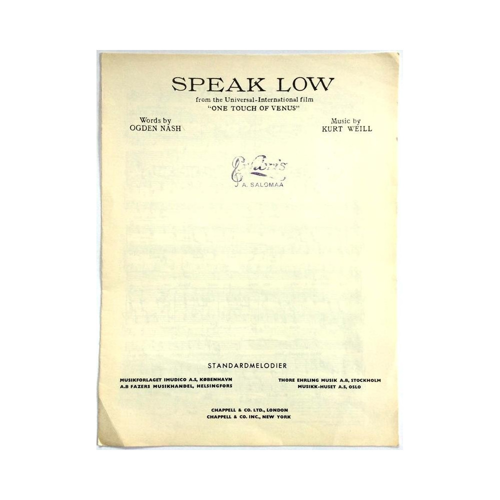 Speak Low, from film: One touch of Venus : Kurt Weill - Noter