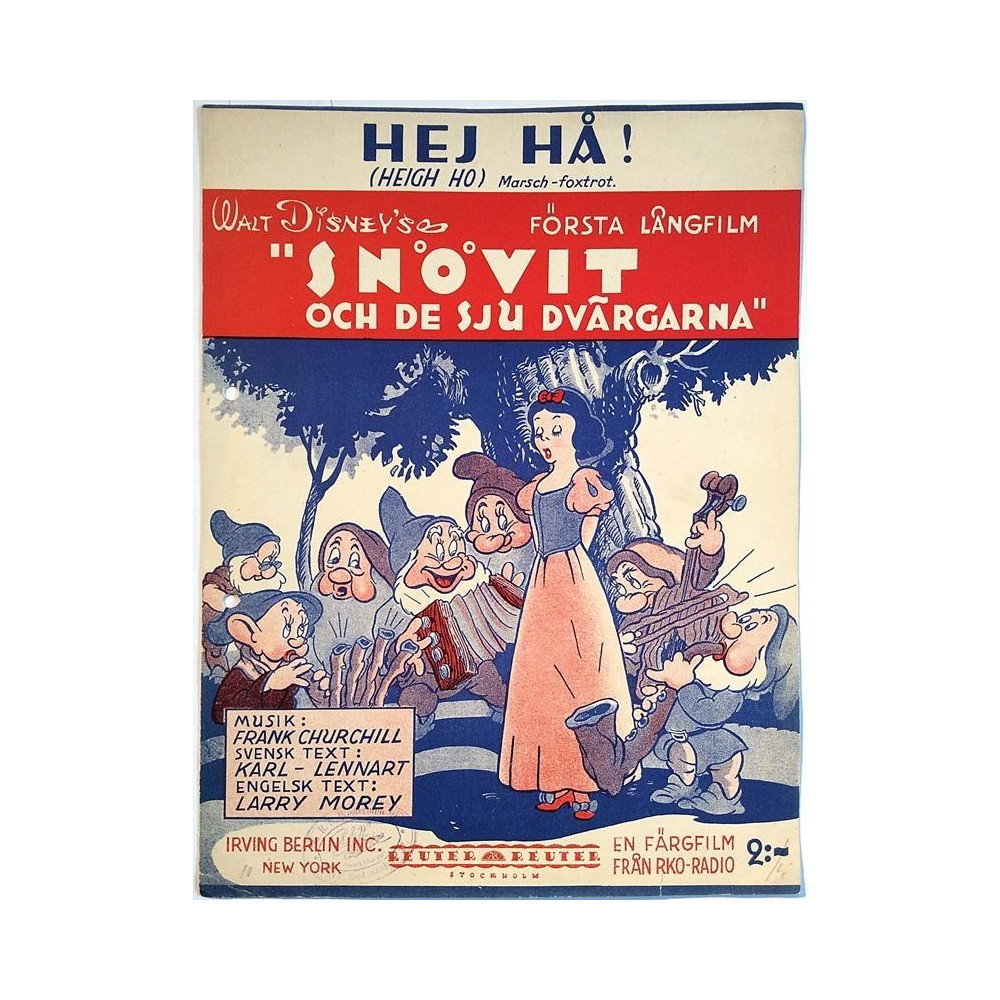 Heigh Ho - Hej Hå!: Walt Disney Snövit och de sju dvärgarna  kansi VG- sisäsivut VG Käytetty nuotti
