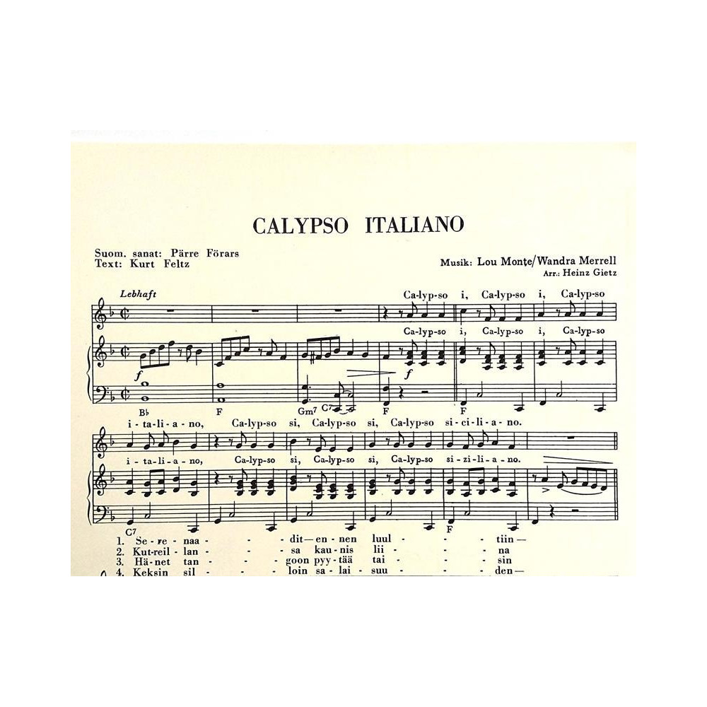 Calypso Italiano: Lou Monte / Wandra Merrell  kansi EX sisäsivut EX Käytetty nuotti