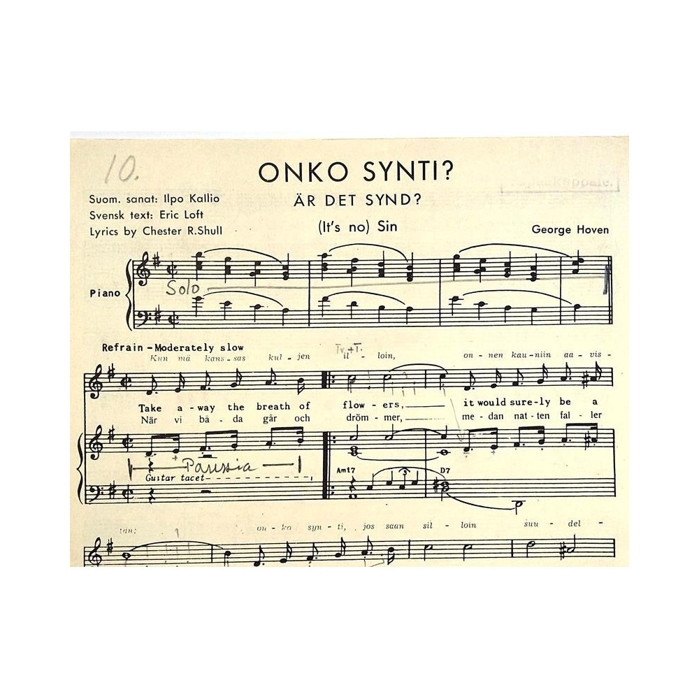 Onko synti?: George Hoven  kansi EX- sisäsivut EX- Käytetty nuotti