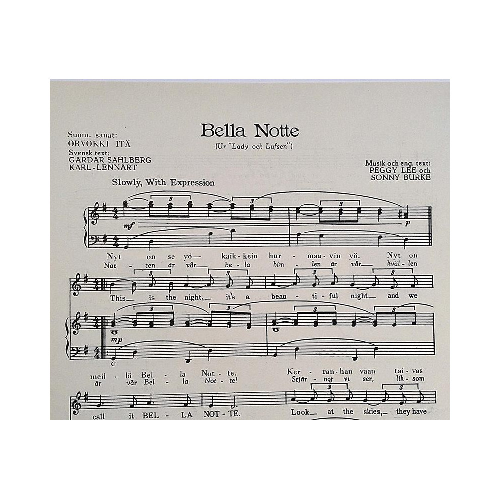 Bella Notte: Peggy Lee och Sonny Burke  kansi VG sisäsivut VG Käytetty nuotti