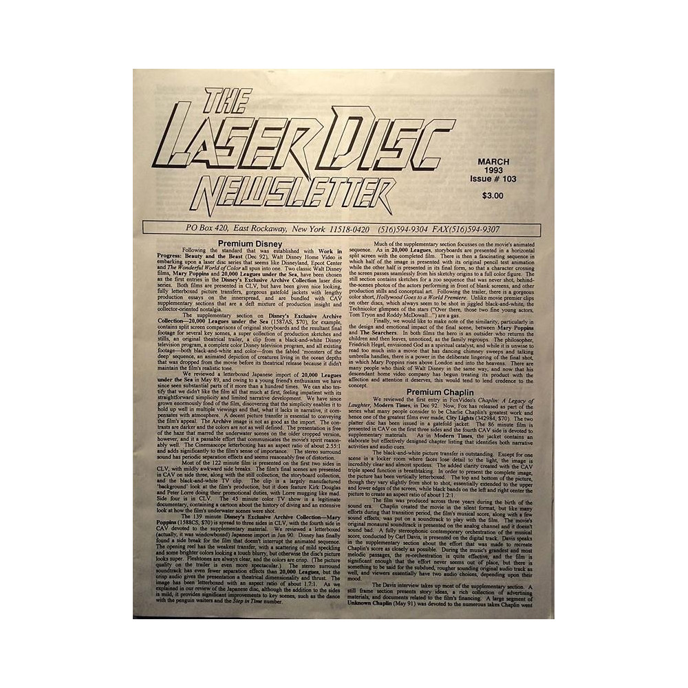 Laser Disc newsletter 1993 March Premium Disney aikakauslehti