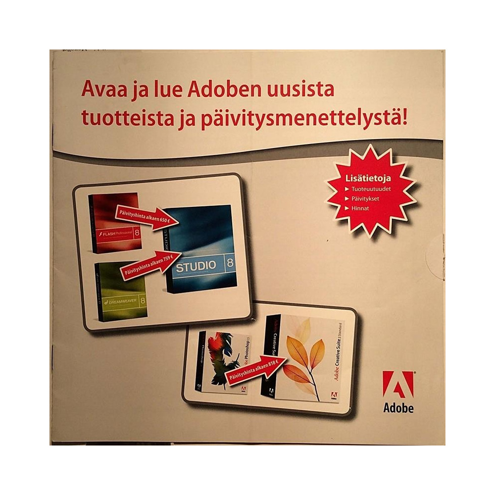 Avaa ja lue Adoben uusista tuotteista 1990’s  ja päivitysmenettelystä! Tuote-esite tietokoneohjelma