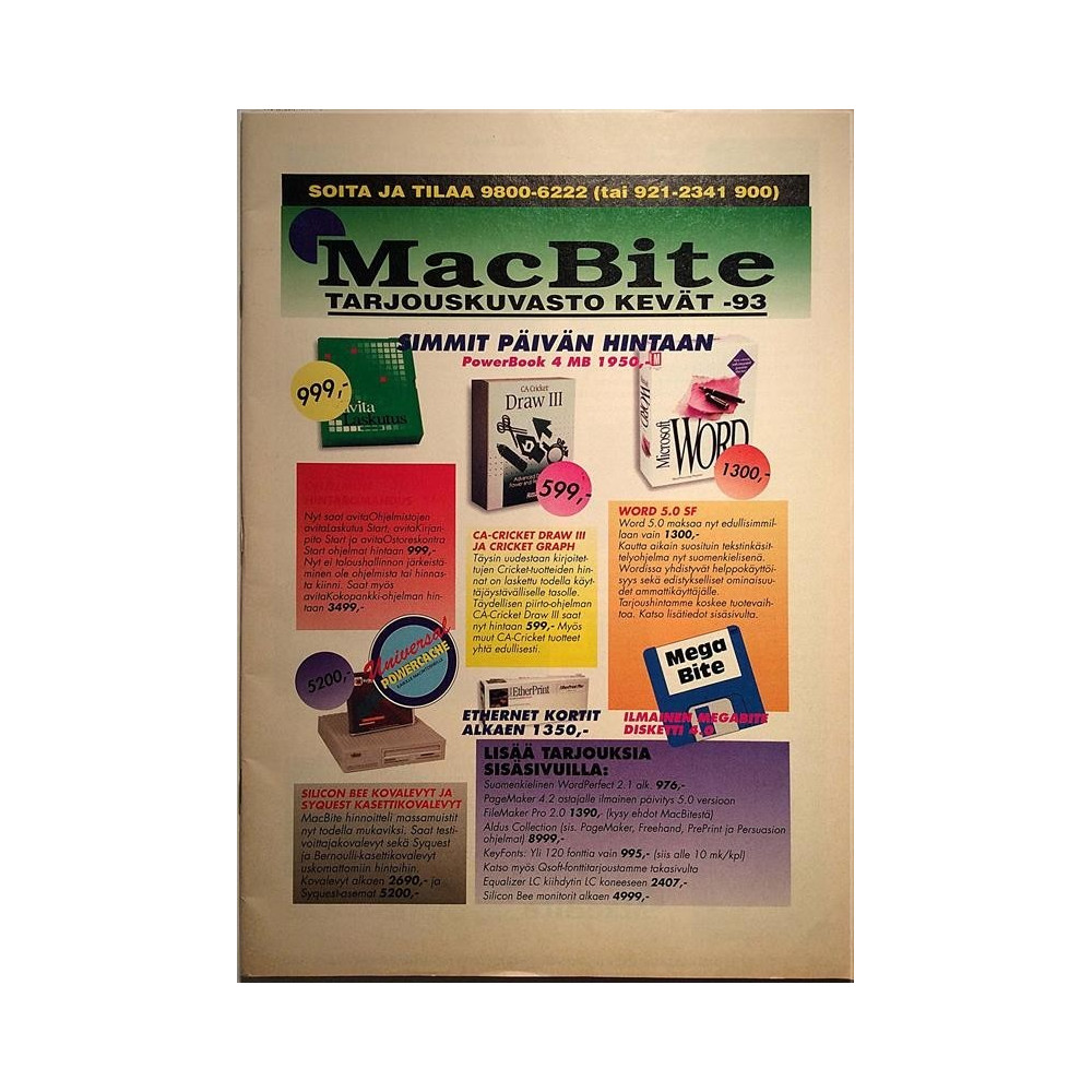 MacBite tarjouskuvasto 1993 Kevät Simmit päivän hintaan 4MB 1950.- Tuote-esite tietokone