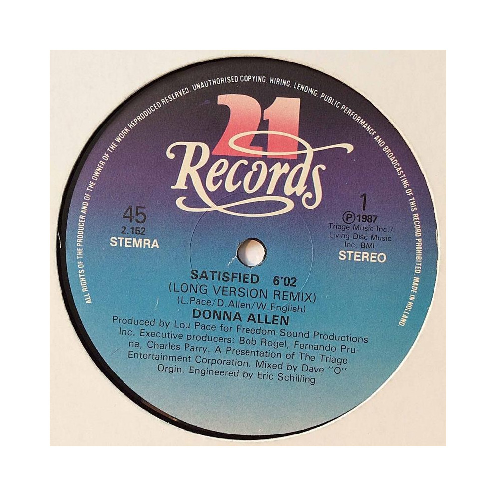 Allen Donna: Satisfied 12” maxi-single  kansi Ei kuvakantta levy EX Käytetty LP