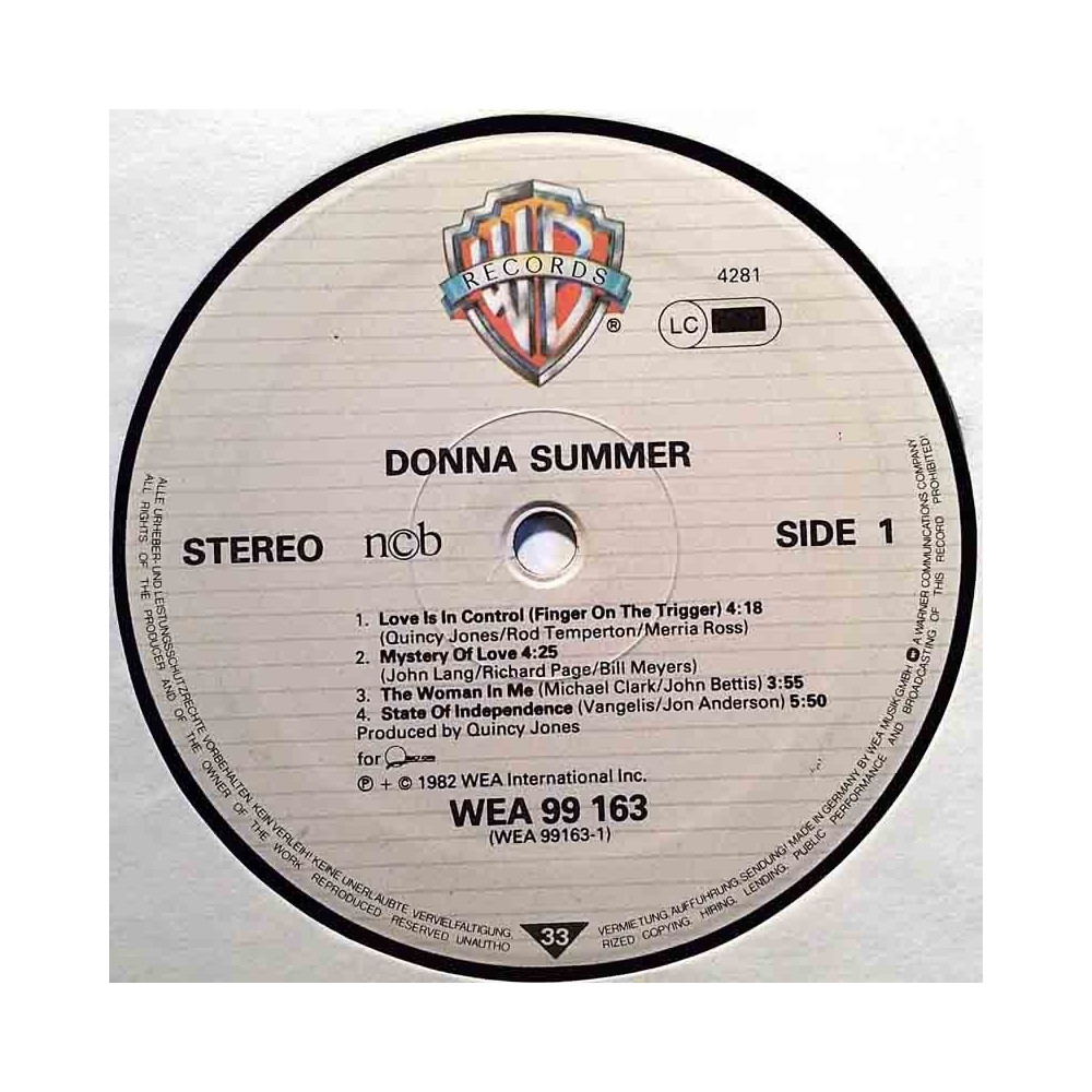 Summer Donna 1982 WEA 99 163 Donna Summer -82 LP ingen omslag
