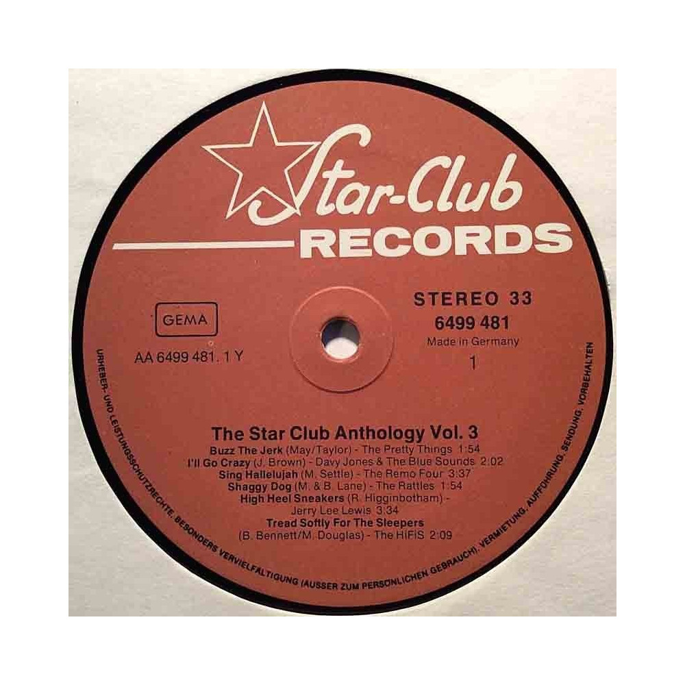 Various Artists: The Star Club Anthology Vol. 3  kansi Ei kuvakantta levy EX kanneton LP