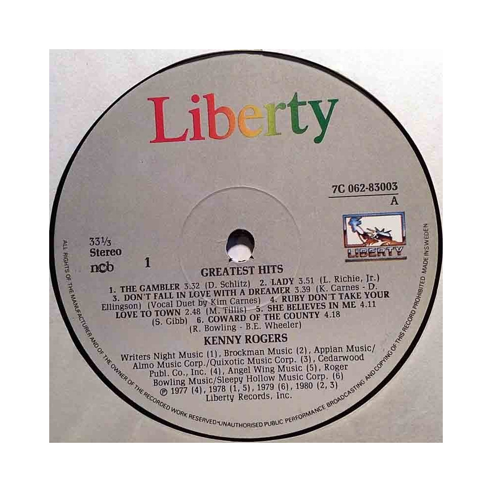 Rogers Kenny 1977-1980 83003 Greatest Hits LP ingen omslag